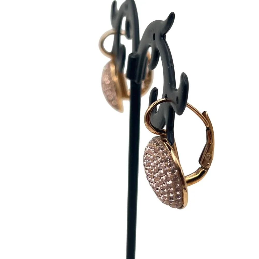 Swarovski Rose Gold-Tone Crystal Pave Leverback Earrings Half Dome 1" Glam Bling - Picture 4 of 9